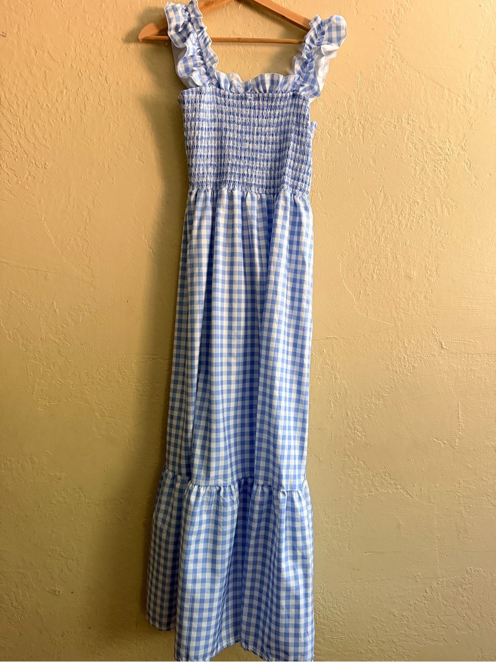 Smocked Gingham Maxi Dress with Ruffle Straps - Light Blue, length 52"